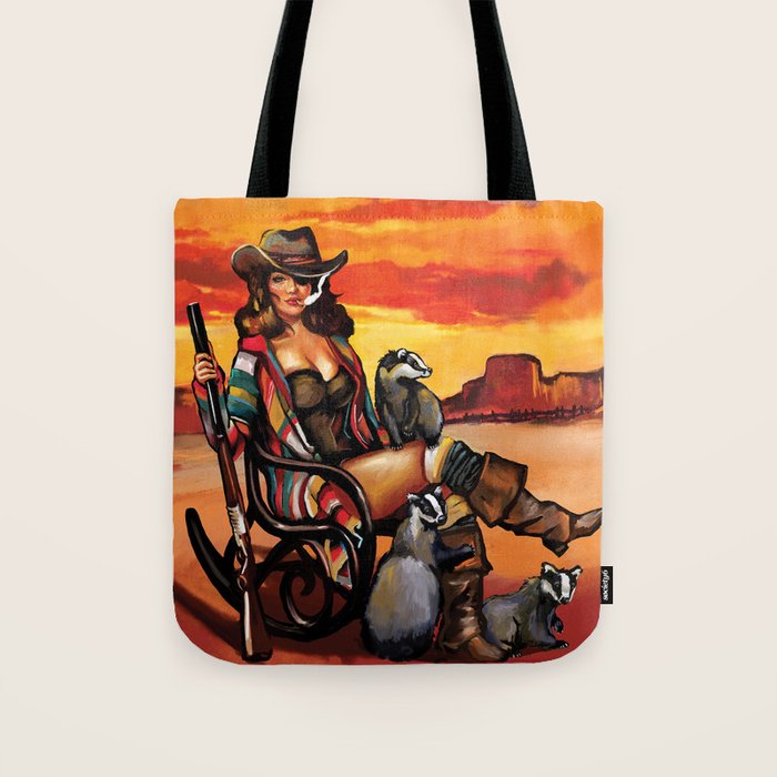 "Tequila Sunrise" Western Pinup Girl With A Rifle & Badger Tote Bag by