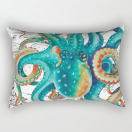 Teal Octopus Tentacles Vintage Map Nautical Rectangular Pillow
