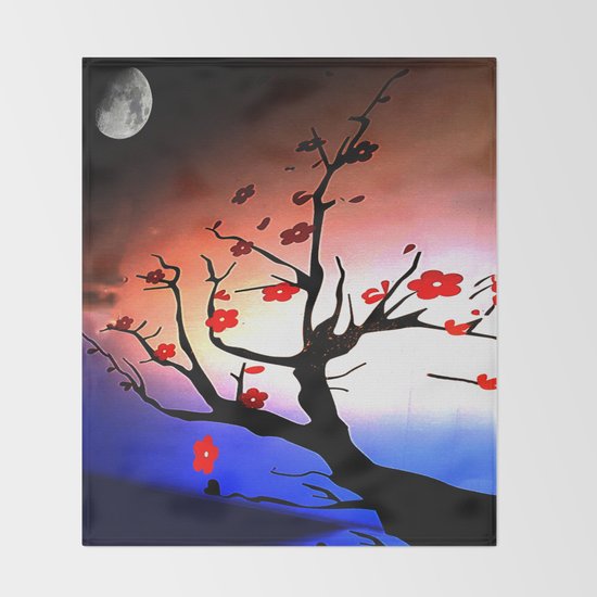 Japanese Maple Under Night Sky With Moon Throw Blanket By