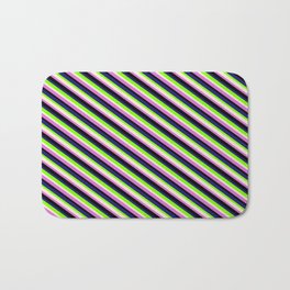 [ Thumbnail: Vibrant Midnight Blue, Chartreuse, Beige, Orchid, and Black Colored Stripes/Lines Pattern Bath Mat ]