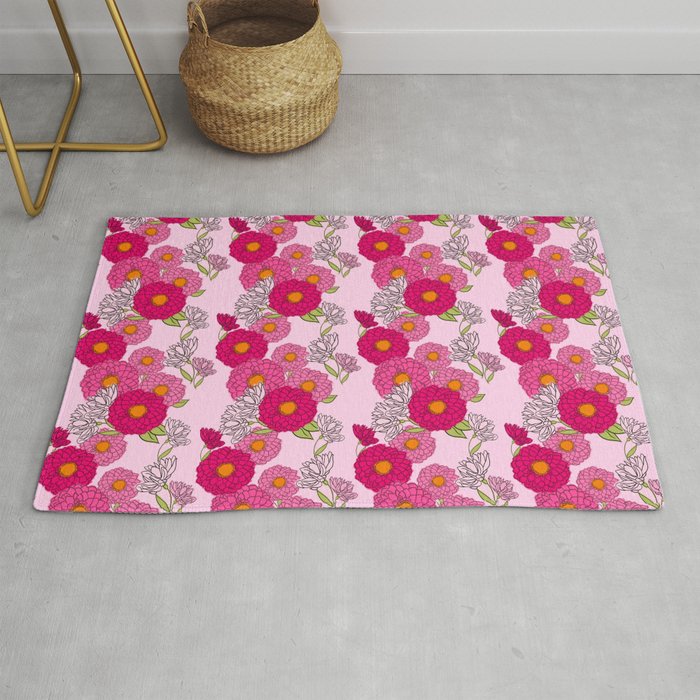 Pretty Retro Modern Mum Flowers Pastel Pink Wallpaper Style Pattern Rug