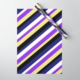[ Thumbnail: Colorful Purple, Tan, Black, Midnight Blue, and White Colored Striped/Lined Pattern Wrapping Paper ]