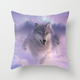 Wolf Pack Running - Northern Lights Throw Pillow