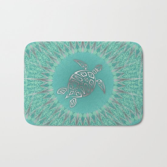 Turquoise Silver Turtle And Mandala Bath Mat