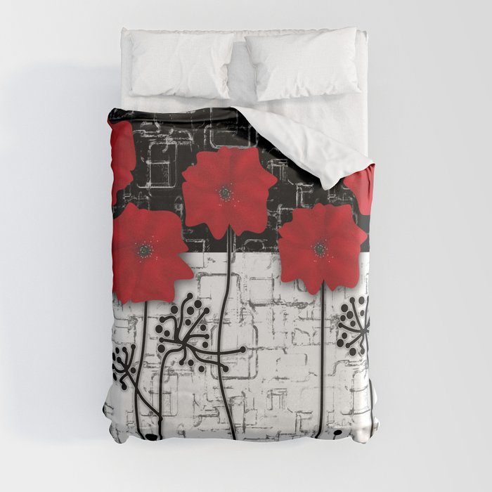 Applique Poppies on black and white background . Duvet Cover