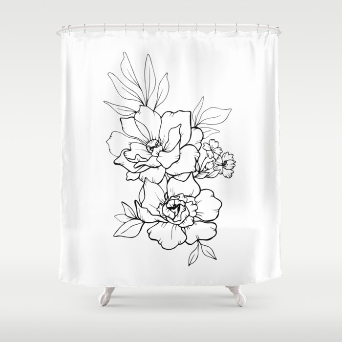 Peony Blossoms Vertical - Black Shower Curtain
