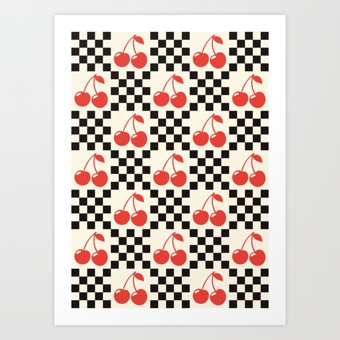 Red Cherries, Black & White Double Checker Art Print