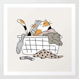 Calico Cat in Messy Laundry Basket - Neutral Palette Art Print