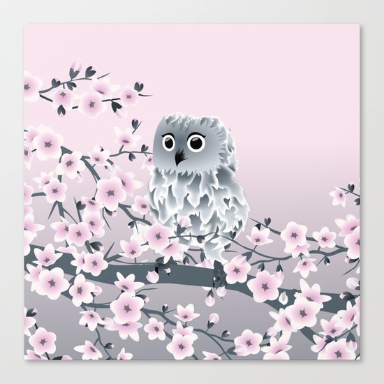 Cute Owl and Cherry Blossoms Pink Gray Canvas Print