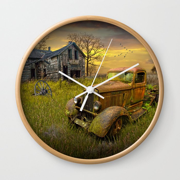 Abandoned Pickup Truck and Farm House at Sunset in a Rural Landscape Wall Clock