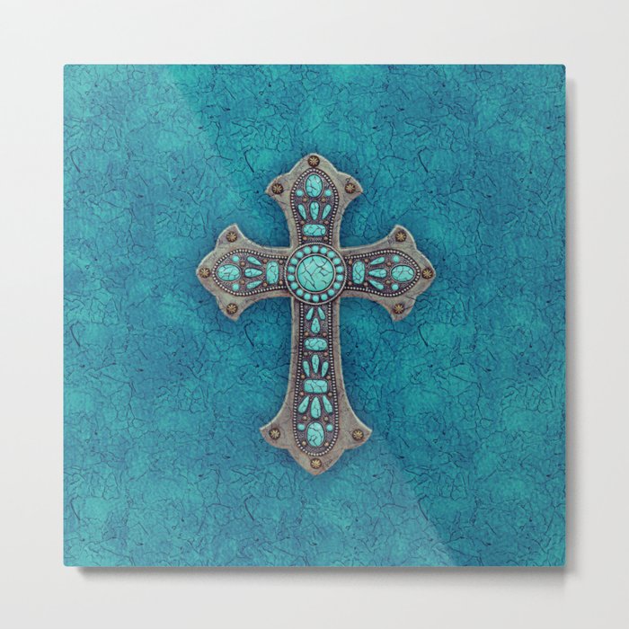 Turquoise Rustic Cross Metal Print