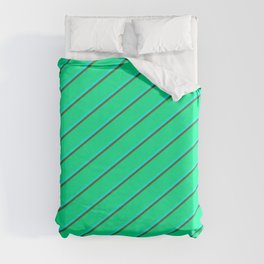 [ Thumbnail: Green, Aqua & Dark Olive Green Colored Stripes Pattern Duvet Cover ]