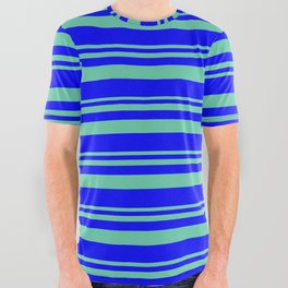 [ Thumbnail: Aquamarine and Blue Colored Lines Pattern All Over Graphic Tee ]
