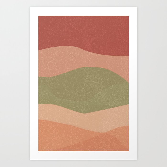Grainy Earth-tone Waves Abstract - deep mauve, green, cream, peach Art Print