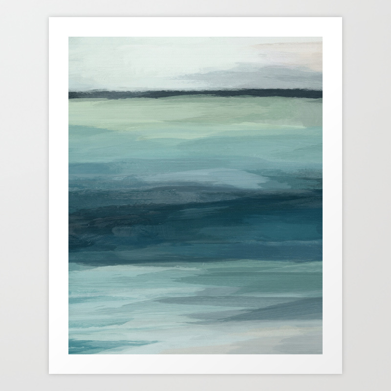 Seafoam Green Mint Navy Blue Abstract Ocean Art Painting Art Print