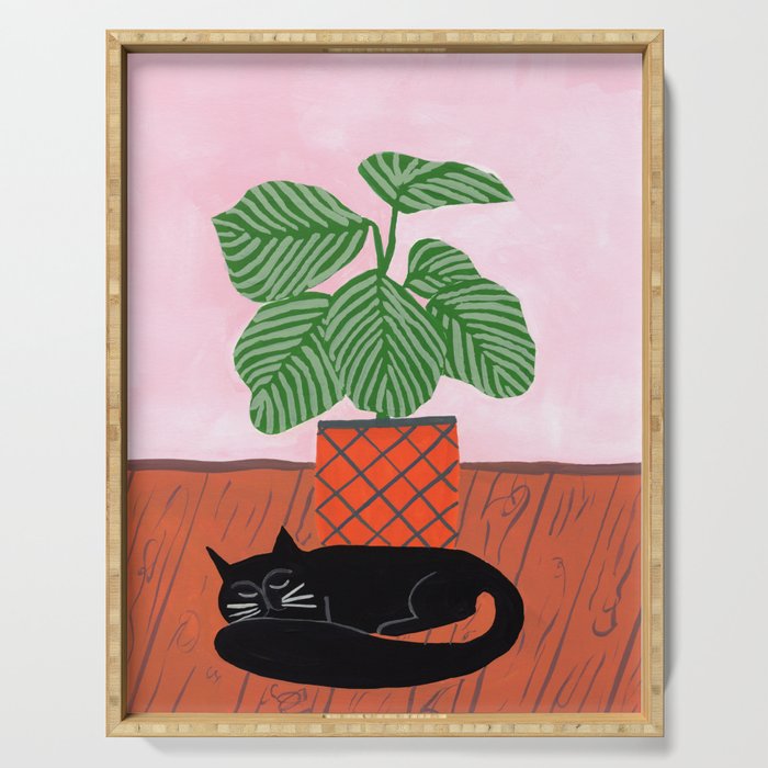Potted plant V with cat Serving Tray