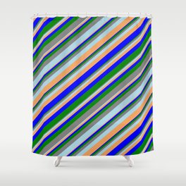 [ Thumbnail: Colorful Blue, Green, Grey, Light Blue, and Brown Colored Stripes Pattern Shower Curtain ]