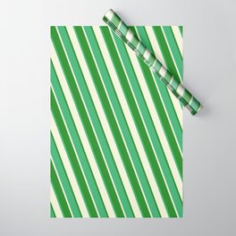 [ Thumbnail: Sea Green, Beige, and Forest Green Colored Lined Pattern Wrapping Paper ]