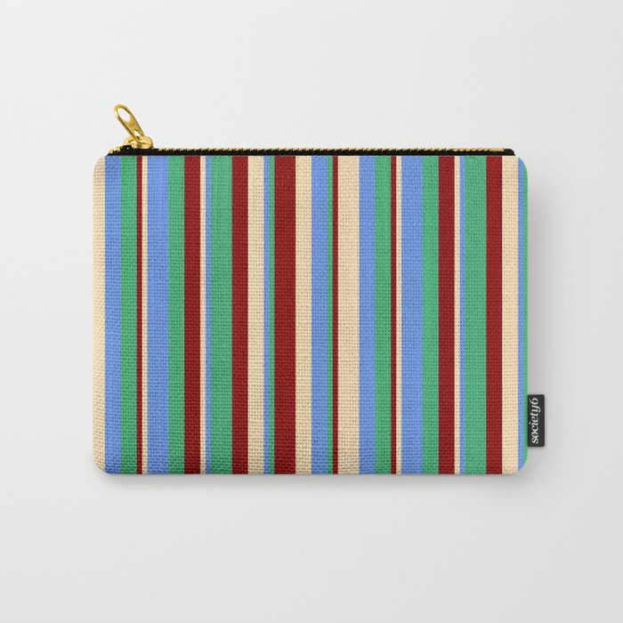 Beige, Cornflower Blue, Sea Green, and Dark Red Colored Lines/Stripes Pattern Carry-All Pouch