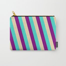 [ Thumbnail: Turquoise, Purple & Tan Colored Stripes/Lines Pattern Carry-All Pouch ]