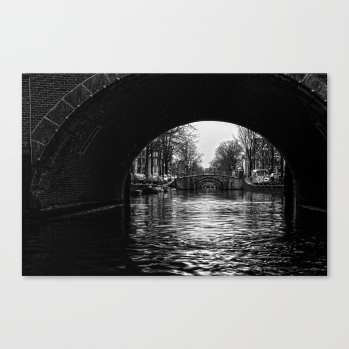 Amsterdam Canals in the winter - Black and White Travel Photography Canvas Print