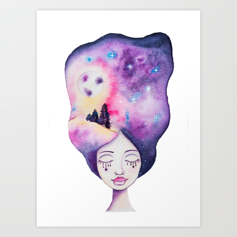 Dreaming Moonscape Whimsical Girl Galaxy Night Sky Watercolor