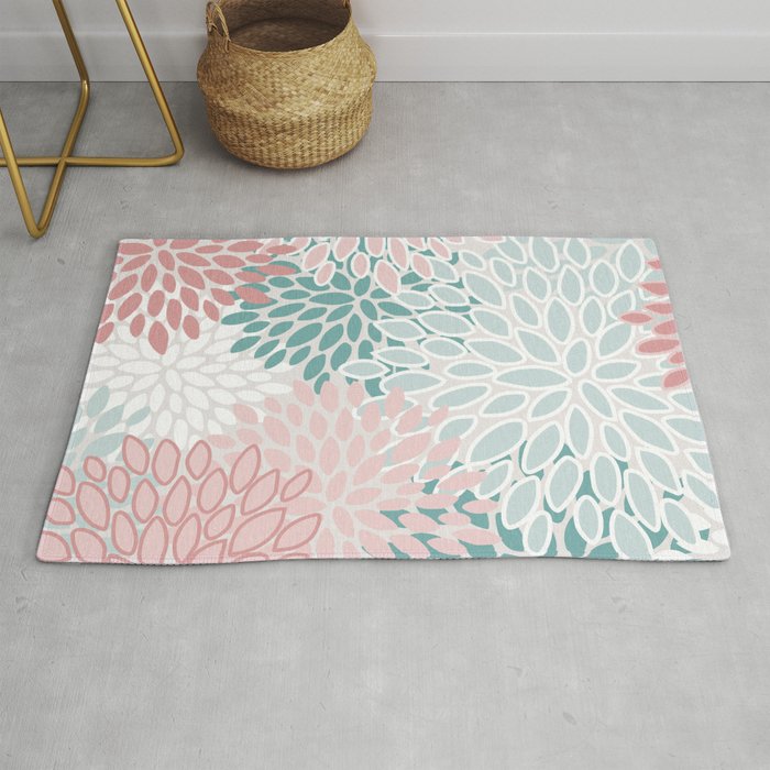 Floral Bloom, Teal, Green, Pink and White Rug