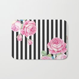 Black white blush pink watercolor floral stripes Badematte
