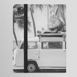 Lion at the beach atop 23 window Samba bus black and white photograph - photography - photographs iPad Folio Case