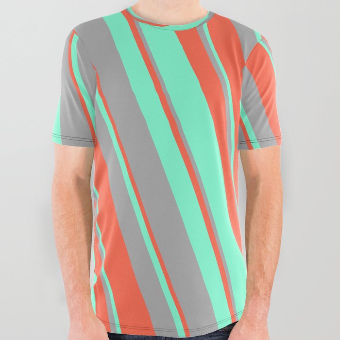 Red, Aquamarine, and Dark Grey Colored Lined/Striped Pattern All Over Graphic Tee