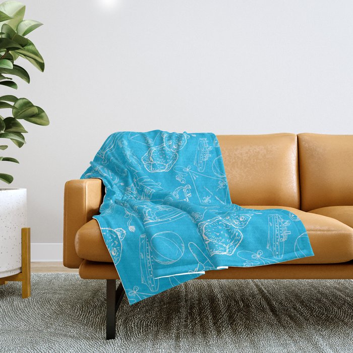 Turquoise and White Toys Outline Pattern Throw Blanket