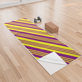 [ Thumbnail: Purple and Yellow Colored Lined Pattern Yoga Towel ]