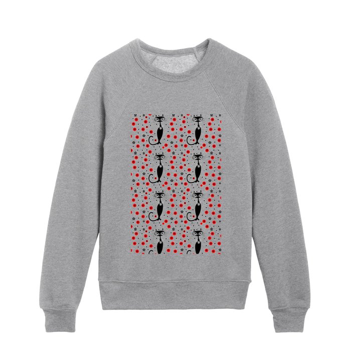 Mid Century Cat And Red Polka Dots Pattern Kids Crewneck