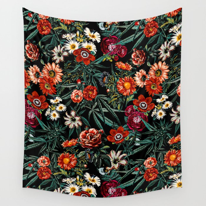 Marijuana and Floral Pattern Wall Tapestry
