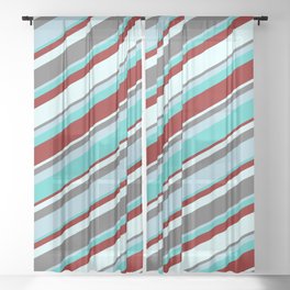 [ Thumbnail: Eyecatching Dim Grey, Light Blue, Turquoise, Dark Red, and Light Cyan Colored Lines Pattern Sheer Curtain ]