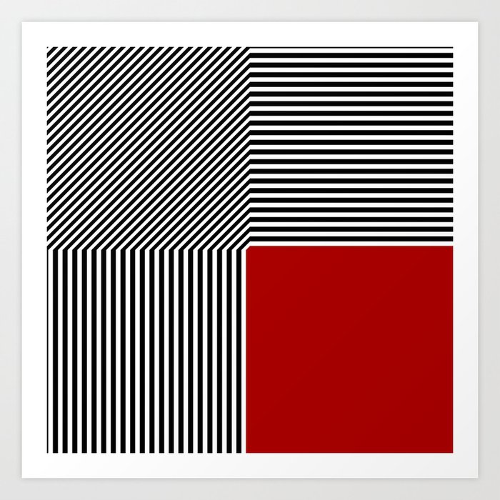 Geometric abstraction, black and white stripes, red square Art Print