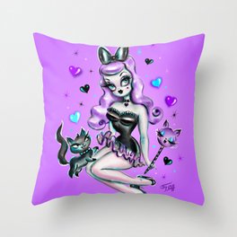 Purple Goth Candy Pinup with Kitten Throw Pillow