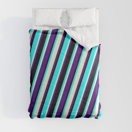 [ Thumbnail: Aqua, Beige, Indigo, and Black Colored Striped Pattern Comforter ]