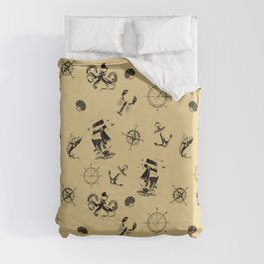 Beige And Black Silhouettes Of Vintage Nautical Pattern Duvet Cover