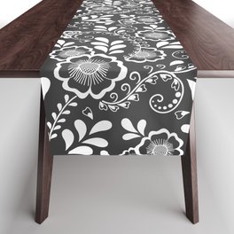 Dark Grey And White Eastern Floral Pattern Table Runner