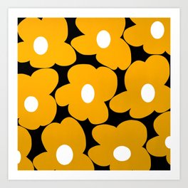 Retro Flowers Large Golden Yellow Curvy Petal White Center Brown Background #decor #society6 #buyart Art Print