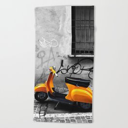 Orange Vespa in Bologna Black and White Photography Beach Towel