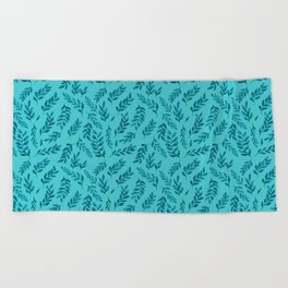 Turquoise Watercolor Leaves - Botanical Pattern Beach Towel