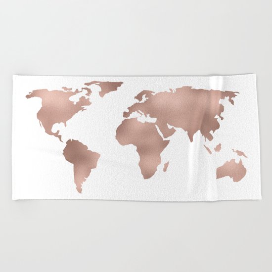 World Map Rose Gold Shimmer Beach Towel