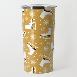 Winter themed pattern with ice skates - yellow Travel Mug