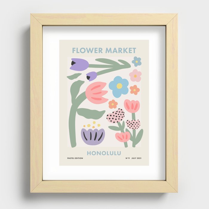 Flower Market Honolulu, Playful Retro Botanical Pastel Print Recessed Framed Print