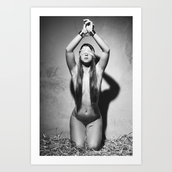Nude girl shackled with handcuffs in bdsm style Art Print