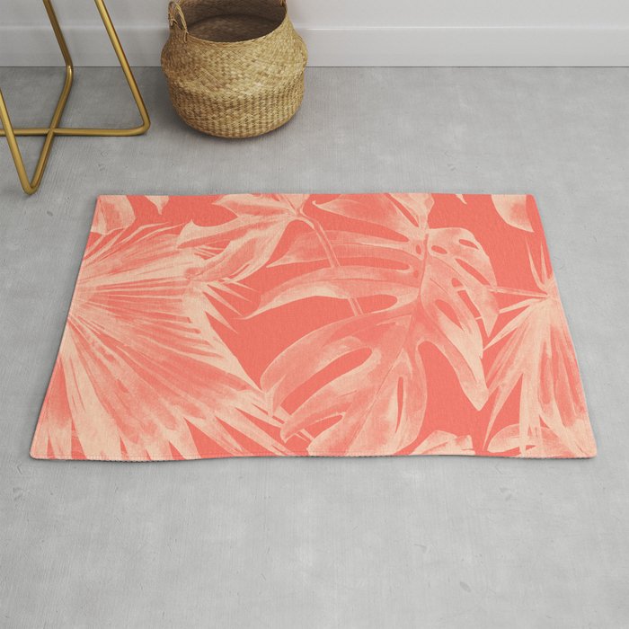 Living Coral Tropical Palm Leaves Monstera Rug