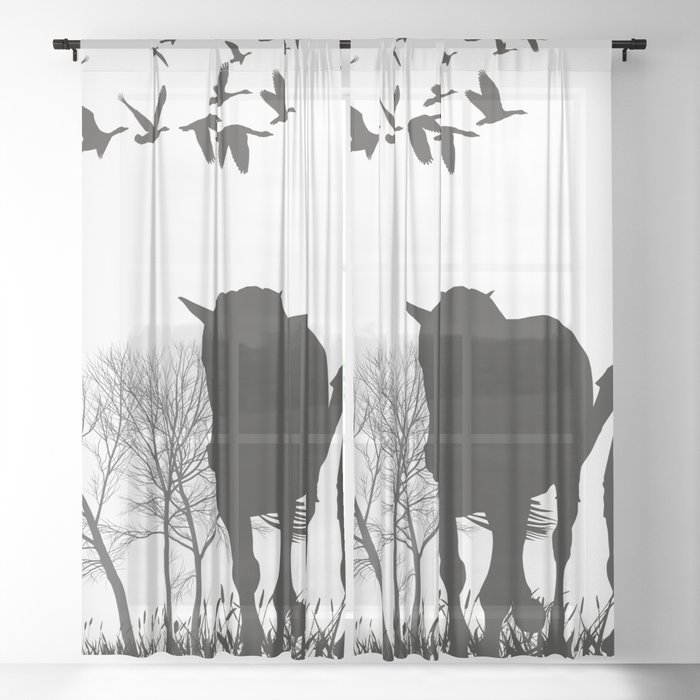Woman on a nature trip with a horse Sheer Curtain