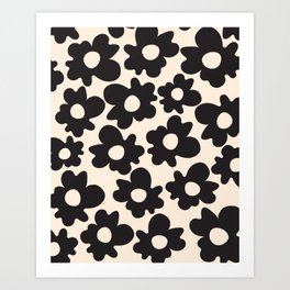 Black and White - Abstract Flower Shape - Cream Background Art Print